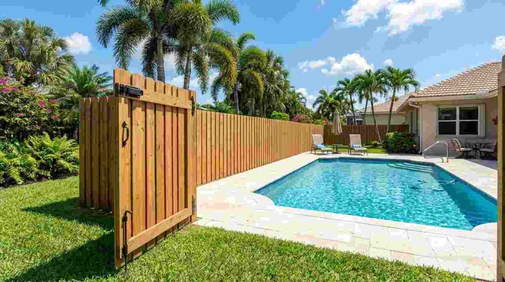 wooden fence gate enclosing swimming pool Florida